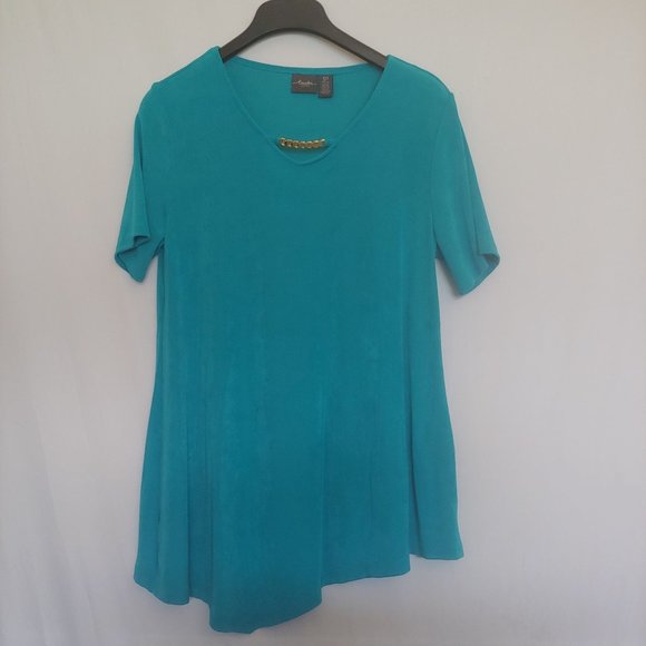 Chicos Tops - Chicos teal short sleeve a-symmetrical slinky knit top with chain size 1P